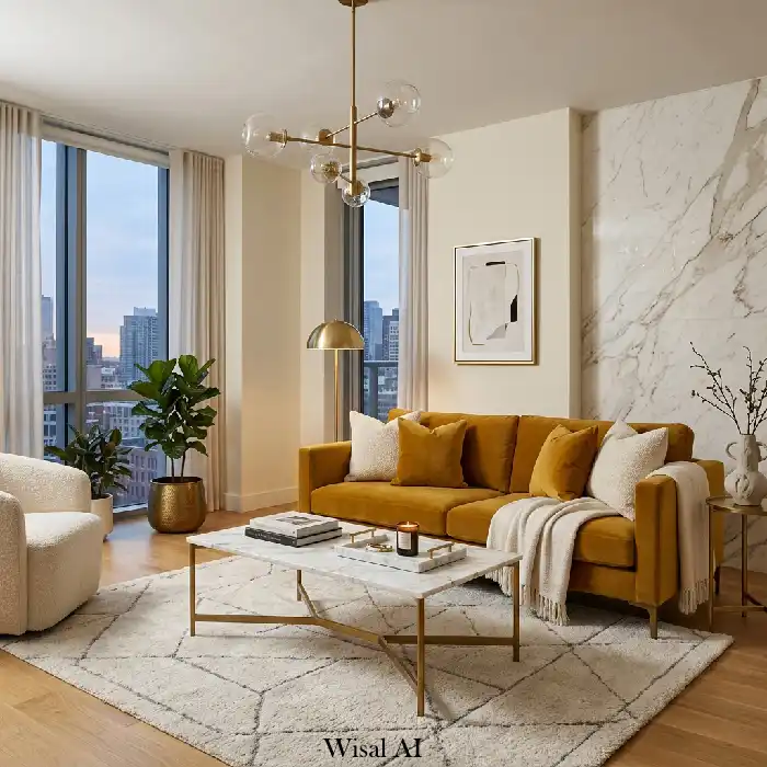 Luxury living room with mustard yellow velvet sofa, marble table, and brass lighting fixtures