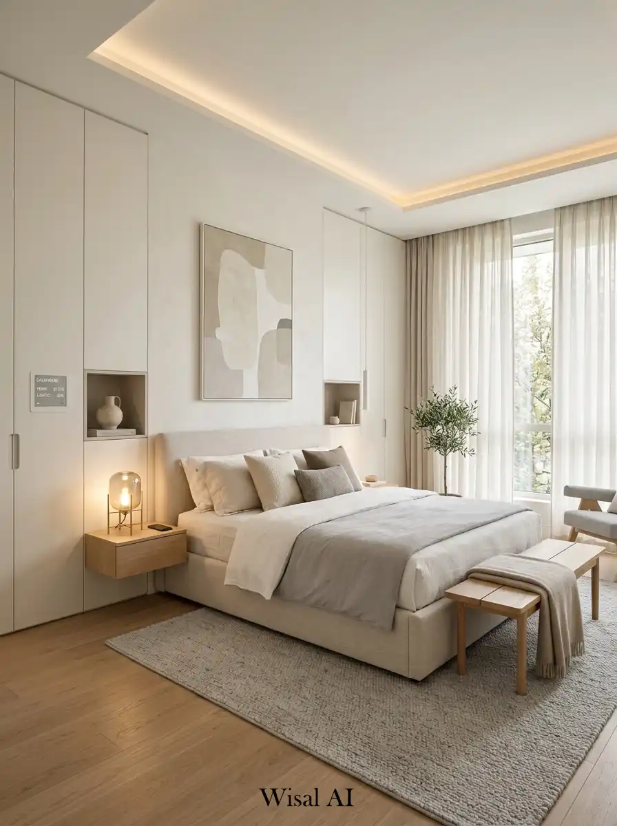 Calm bedroom with neutral colors and balanced modern design.