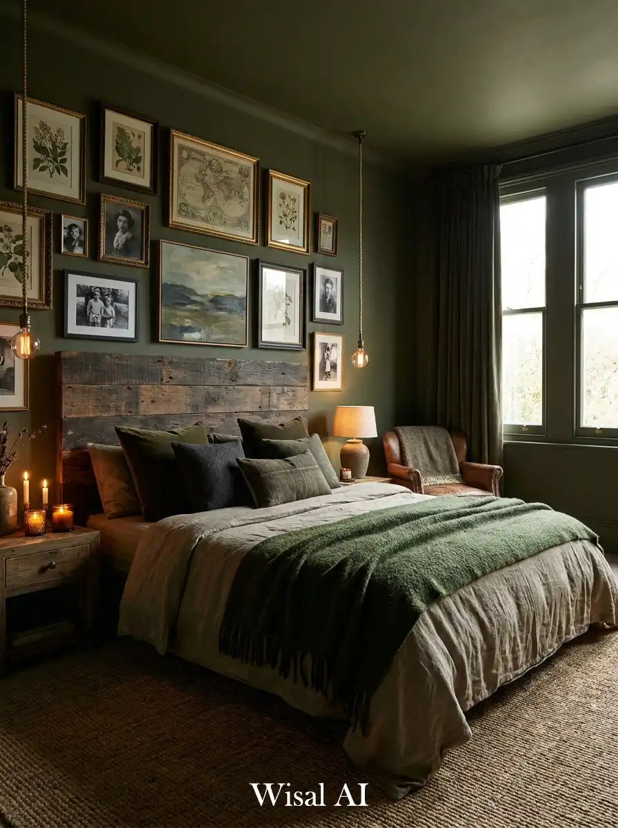 9. Organic Harmony: A Timeless Dark Olive Bedroom Idea