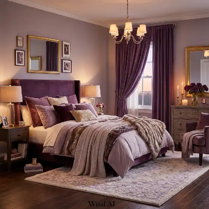 Minimal purple modern apartment bedroom with clean design and simple furniture