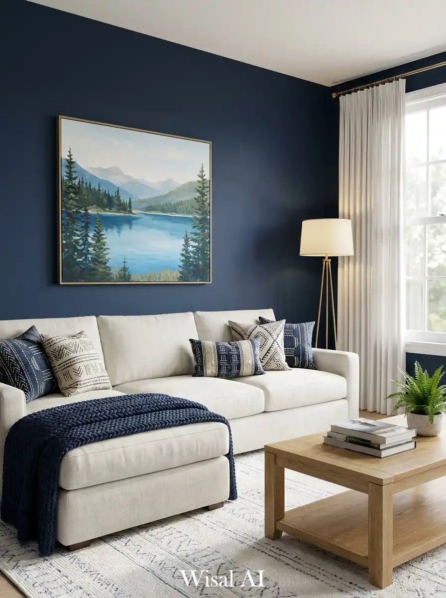 9. Serene Landscapes: Navy Blue and White Living Room