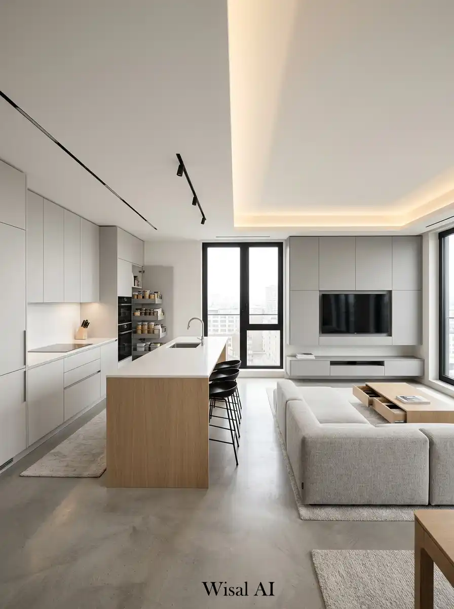 9. Smart Storage Modern Open-Plan Kitchen and Living Room Idea