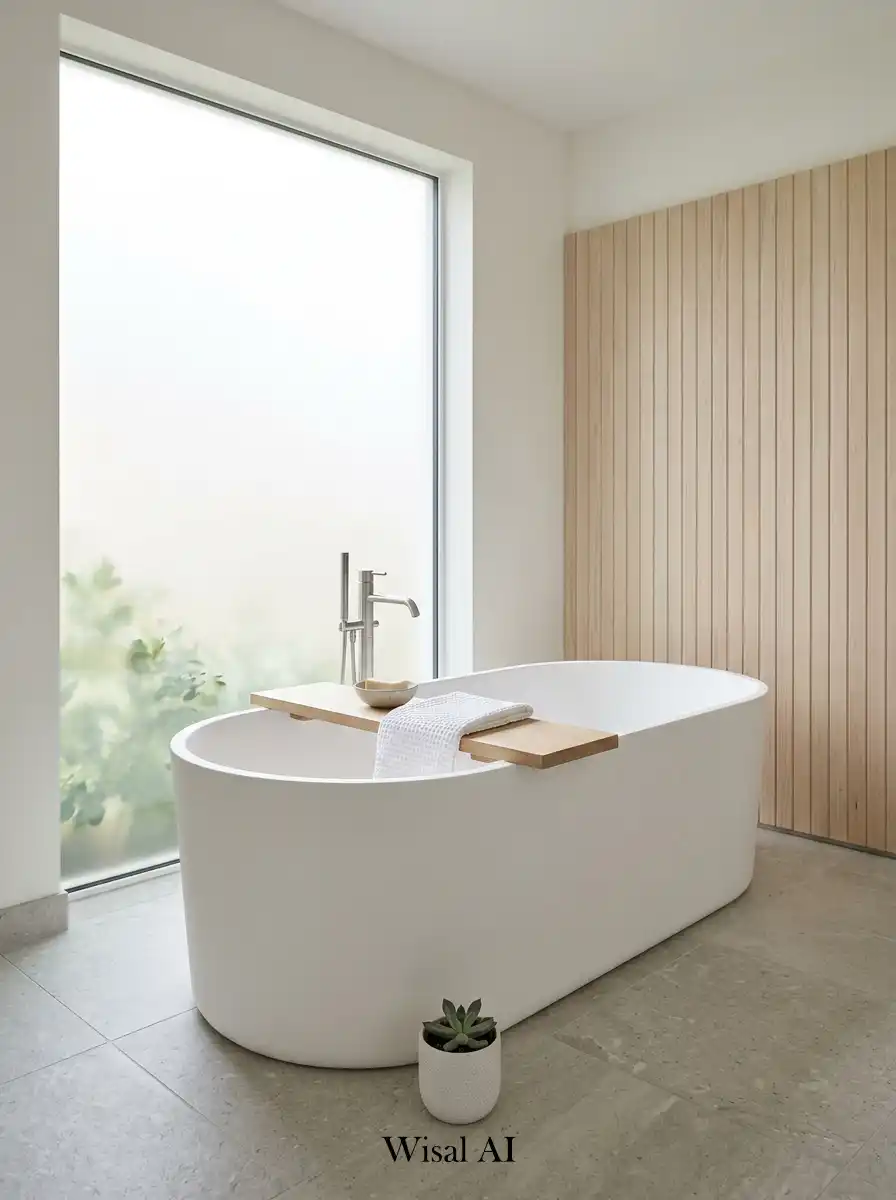 Luxury freestanding bathtub in minimalist bathroom surrounded by soft lighting and calming spa-inspired natural materials.