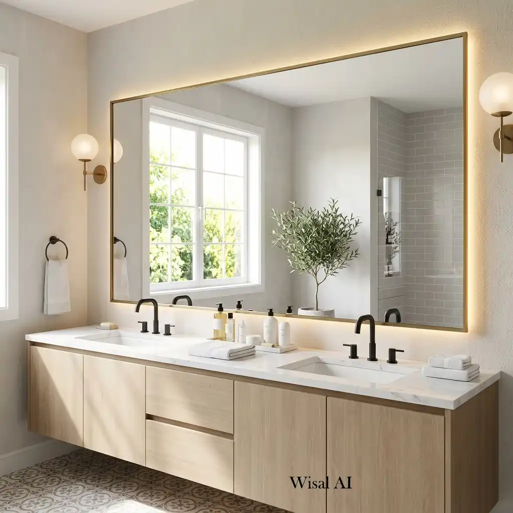 Modern bathroom with a large backlit LED mirror above a floating vanity, reflecting natural light and enhancing the spacious design.