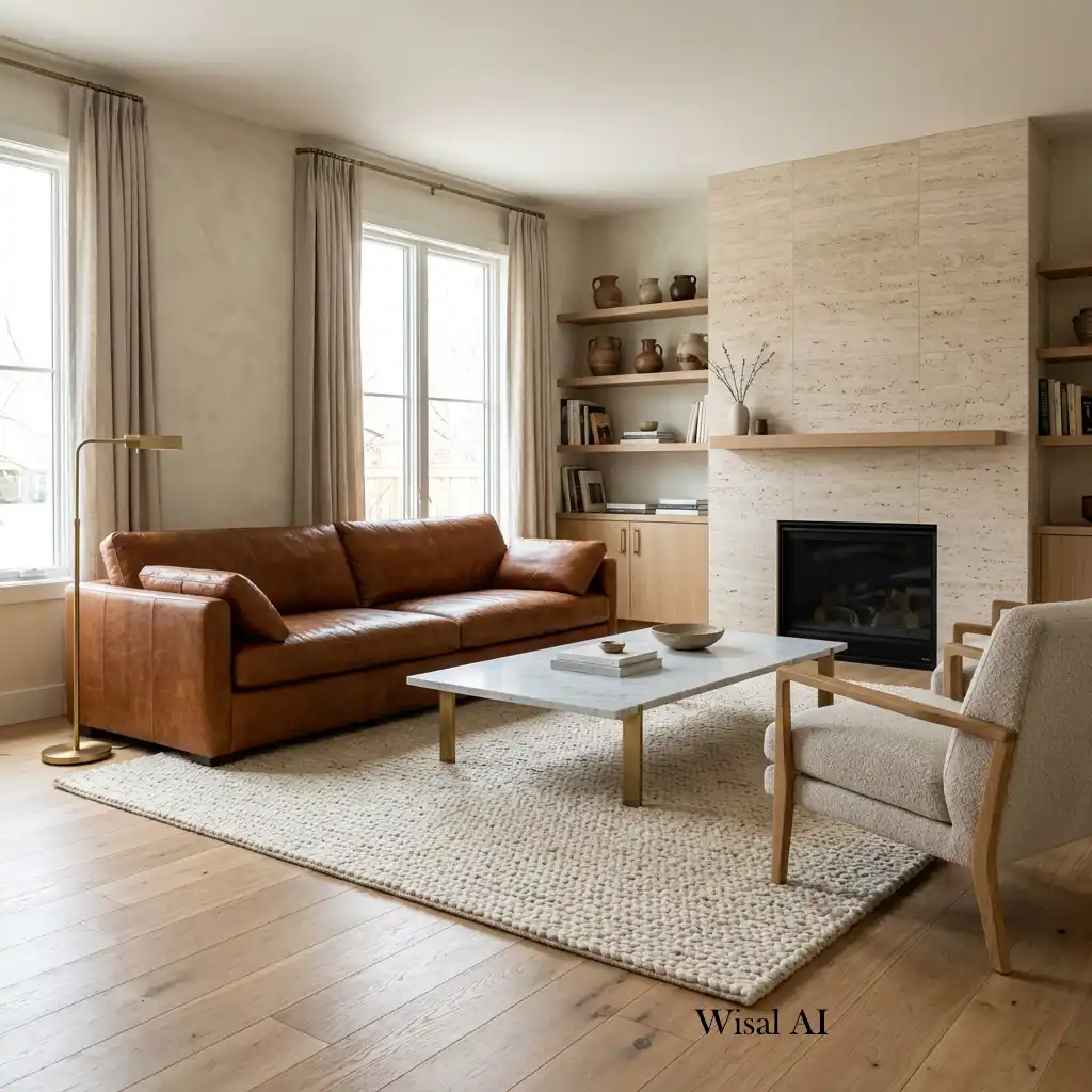 Luxury living room featuring natural oak, marble, travertine, and linen finishes.