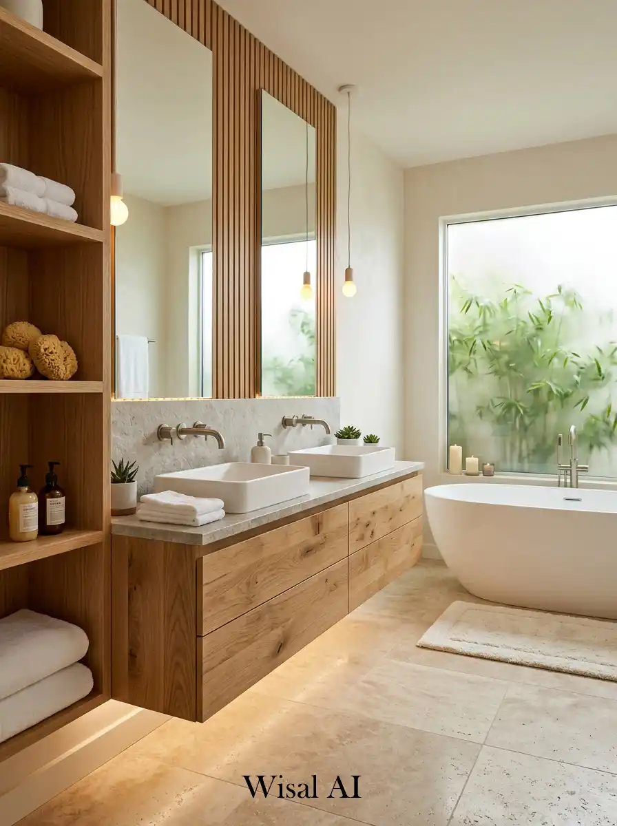 Modern wood accent bathroom with natural materials and relaxing boutique hotel feel