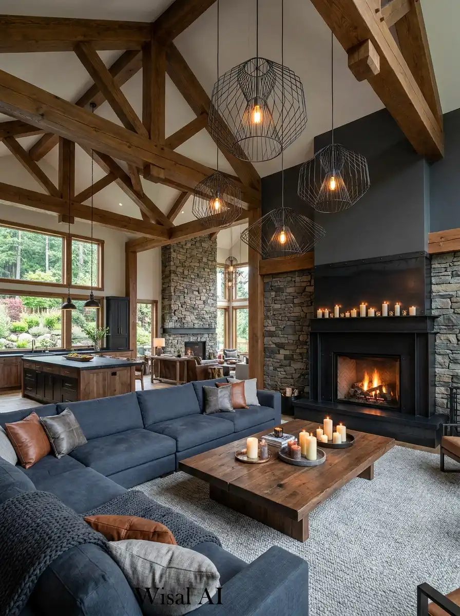A Bold Statement for Modern Rustic Living: Black and Wood Living Room Idea