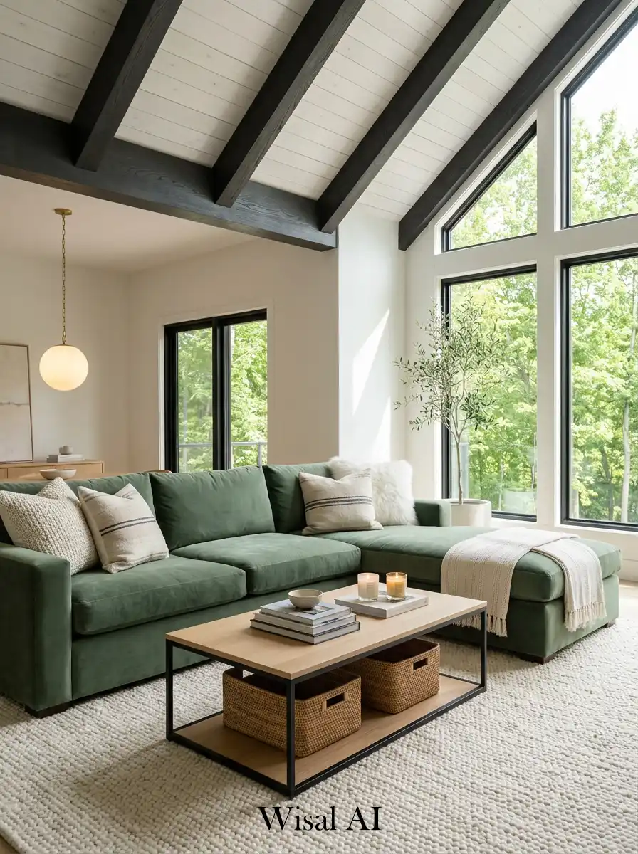 19.A Cozy Sage Green Living Room Idea with Sun-Drenched Vaulted Ceilings