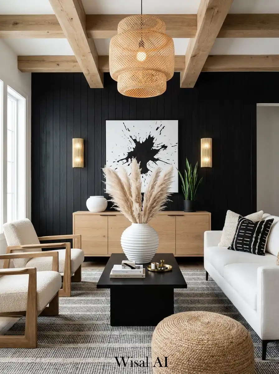 A Striking Black Panel Feature in a Light-Filled Interior: Black and Wood Living Room Idea