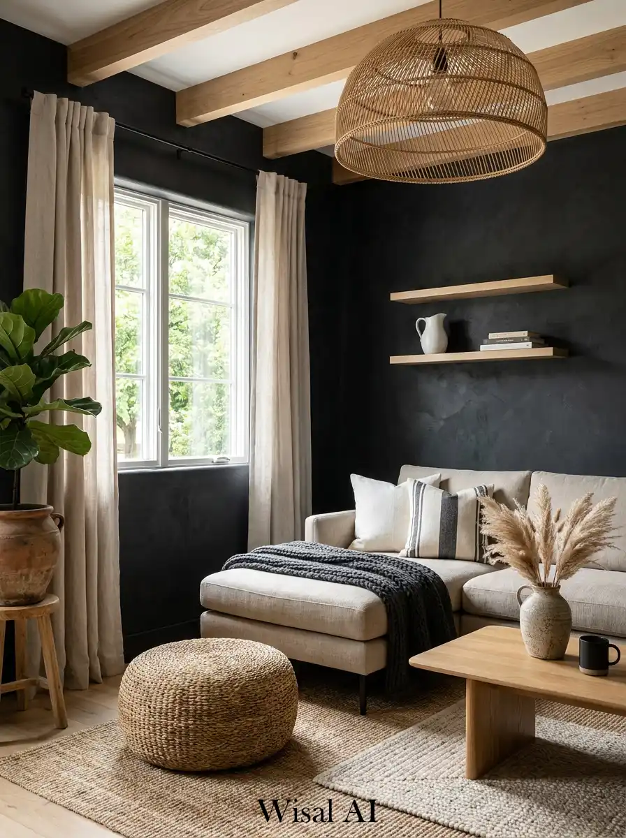 Black and Wood Living Room Idea : Minimalist Urban Edge with Textured Comfort