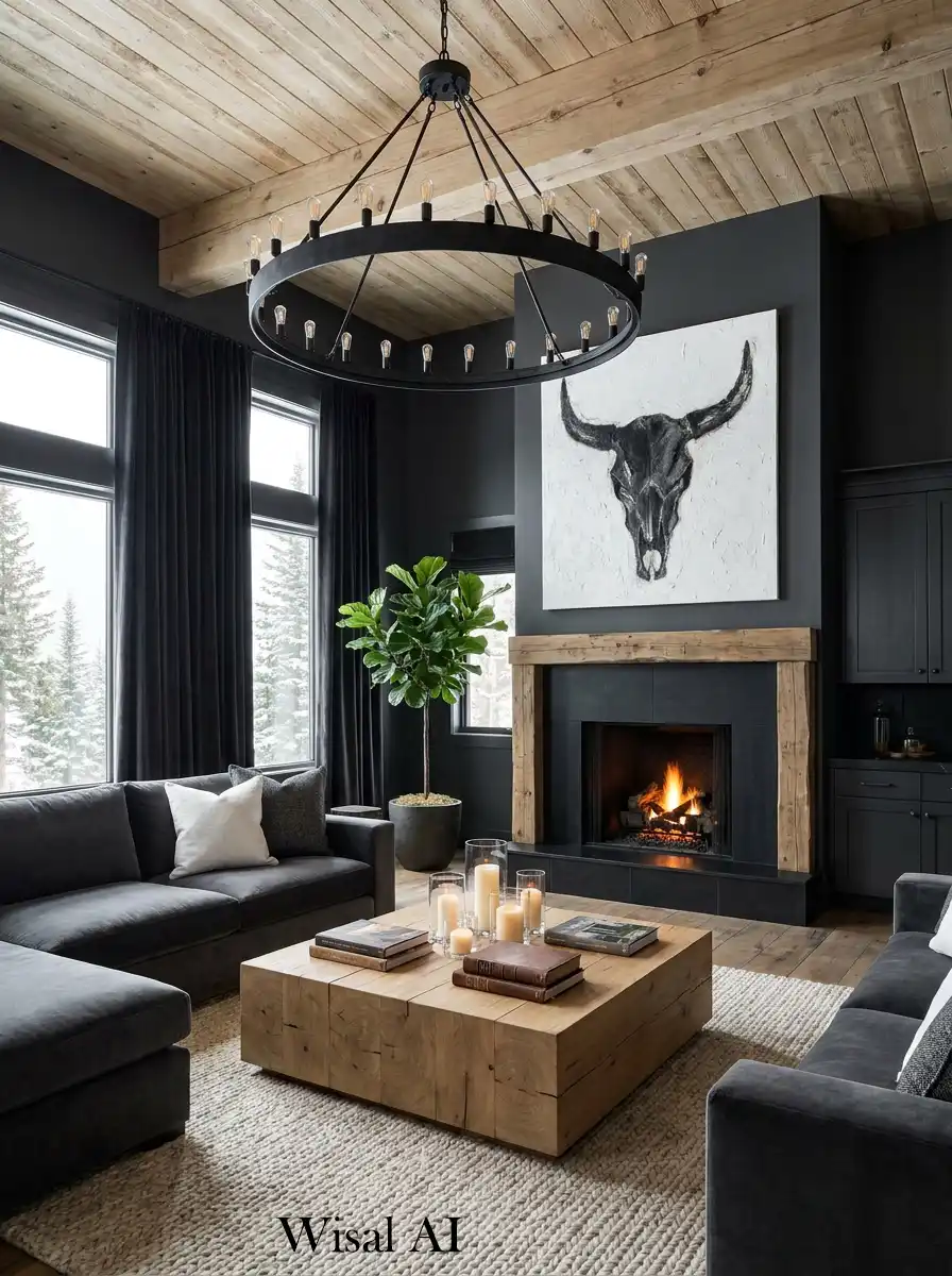 Black and Wood Living Room Idea: The Architectural Fireplace Feature in the Forest
