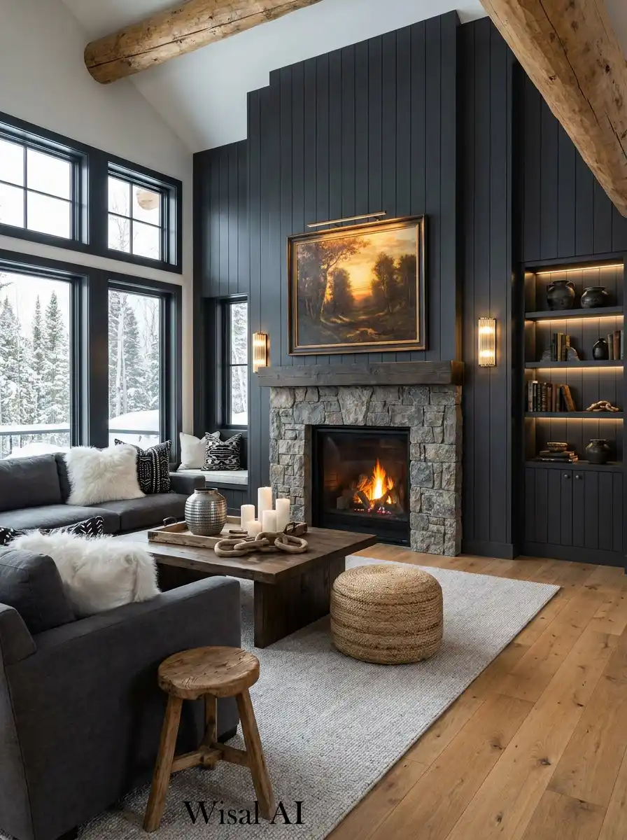 Black Shiplap Elegance with a Rustic Heart: Black and Wood Living Room Idea
