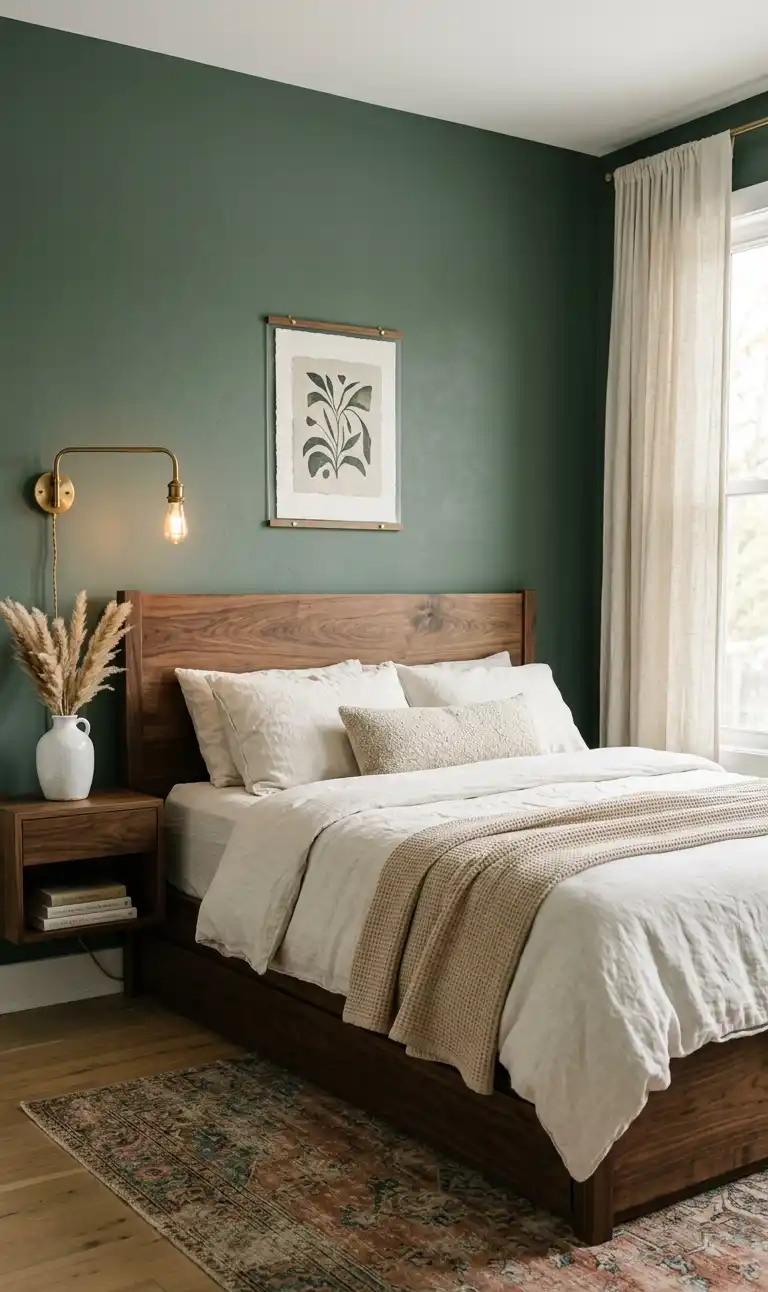 20 Inspired Sage Green Bedrooms for a Restorative and Calm Interior You’ll Love - The Rustic Walnut Retreat bedroom