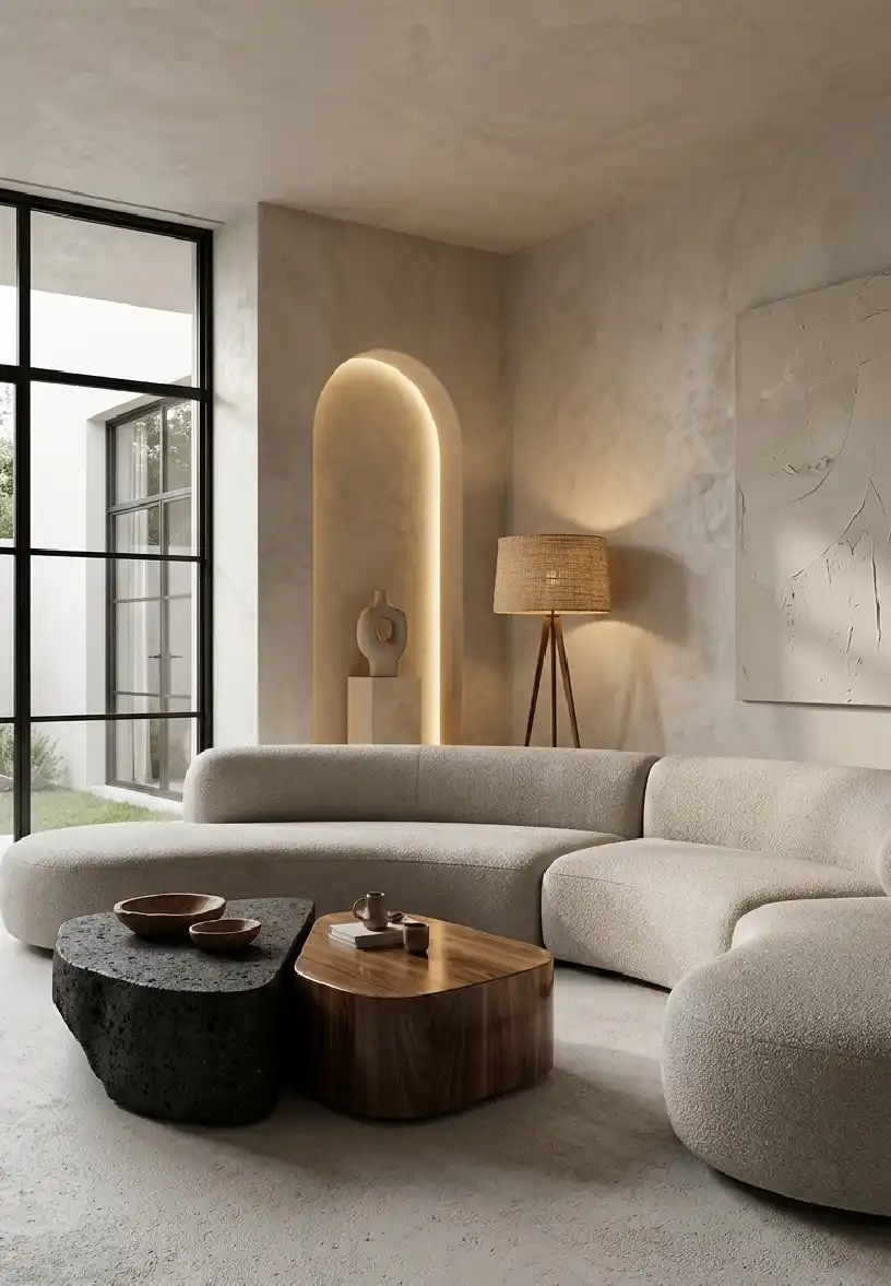 Modern Living Room Idea: The Vertical Slat and Terracotta Tonalities - Modern Living Room Idea: The Sculptural Organic Minimalism