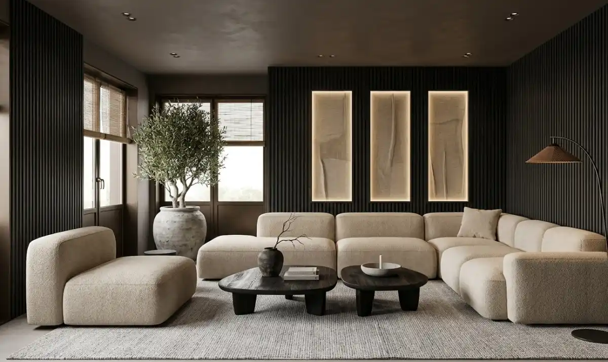 Modern Living Room Idea: The Japandi Linear Composition - Modern Living Room Idea: The Dark-Tone Japandi Fusion