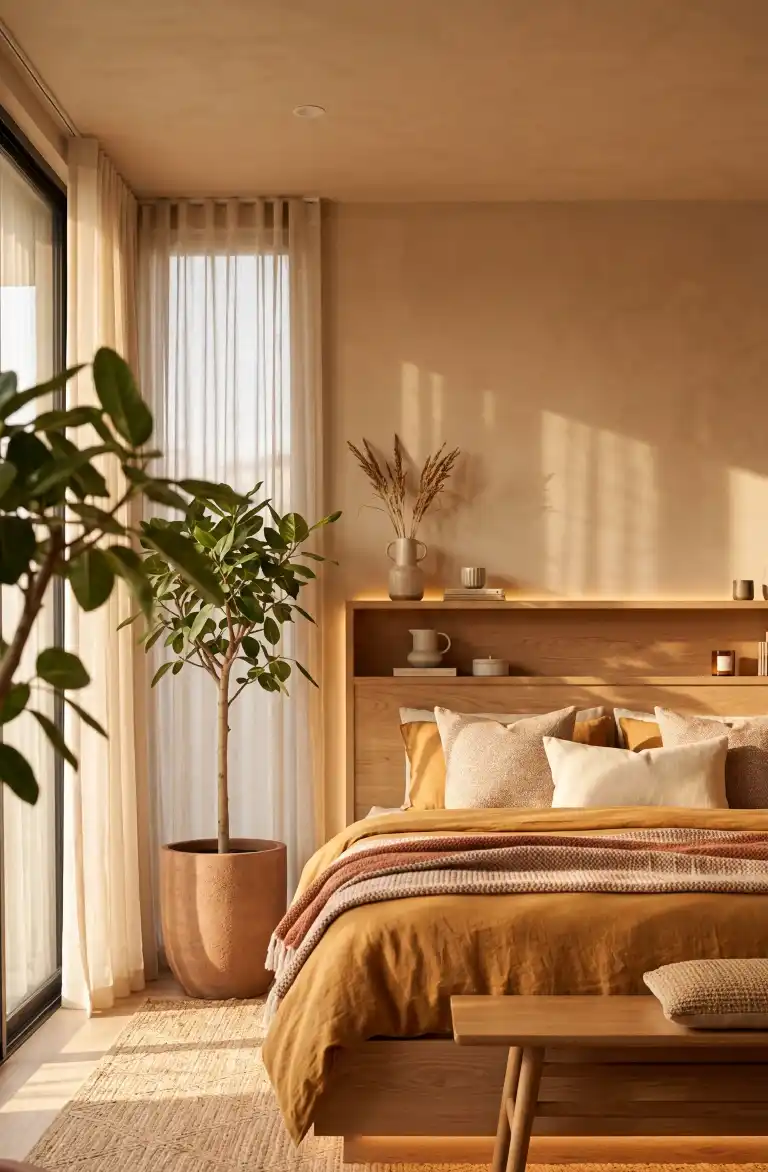 25 Best Japandi Bedroom Ideas to Transform Your Space into a Serene Sanctuary - The Sun-Drenched Ochre Retreat