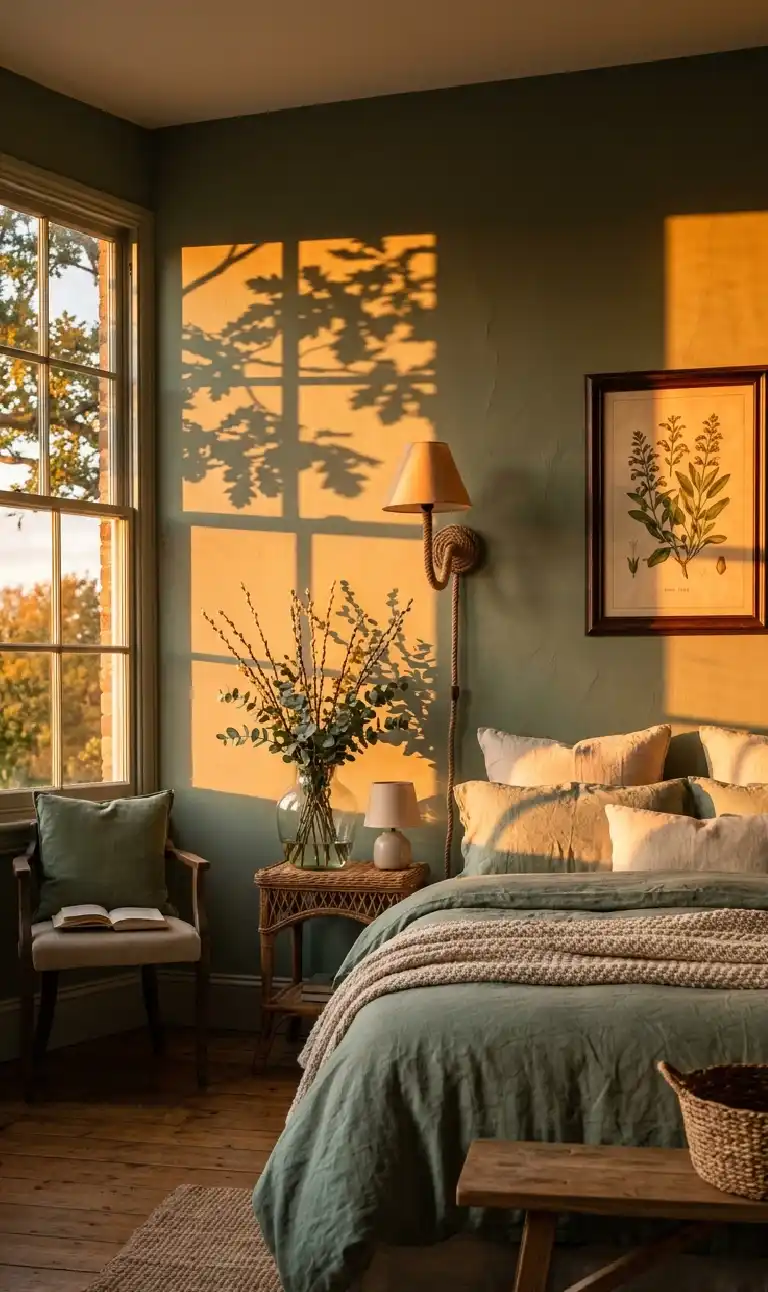 The Rustic Walnut Retreat bedroom - Golden Hour Sage bedroom