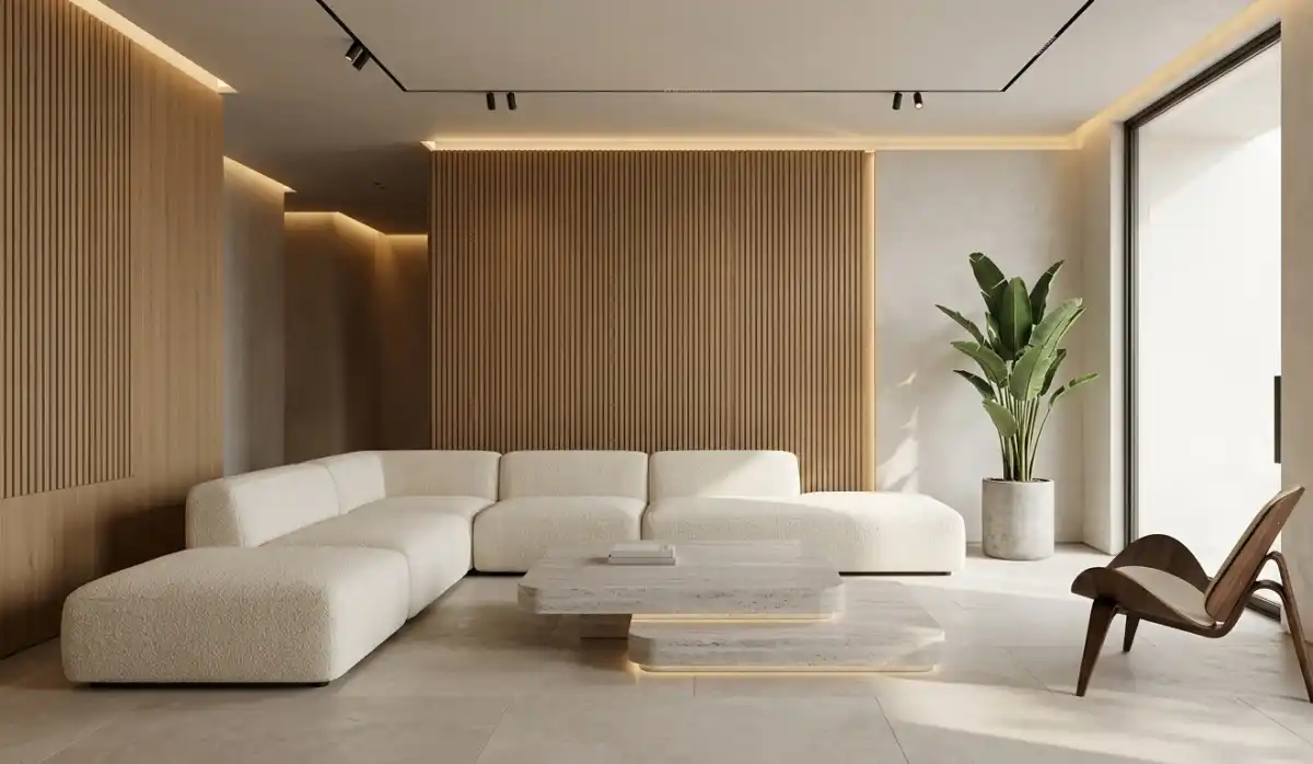 Modern Living Room Idea: The Monochromatic Zen Retreat - Modern Living Room Idea: The Monolithic Travertine Sanctuary