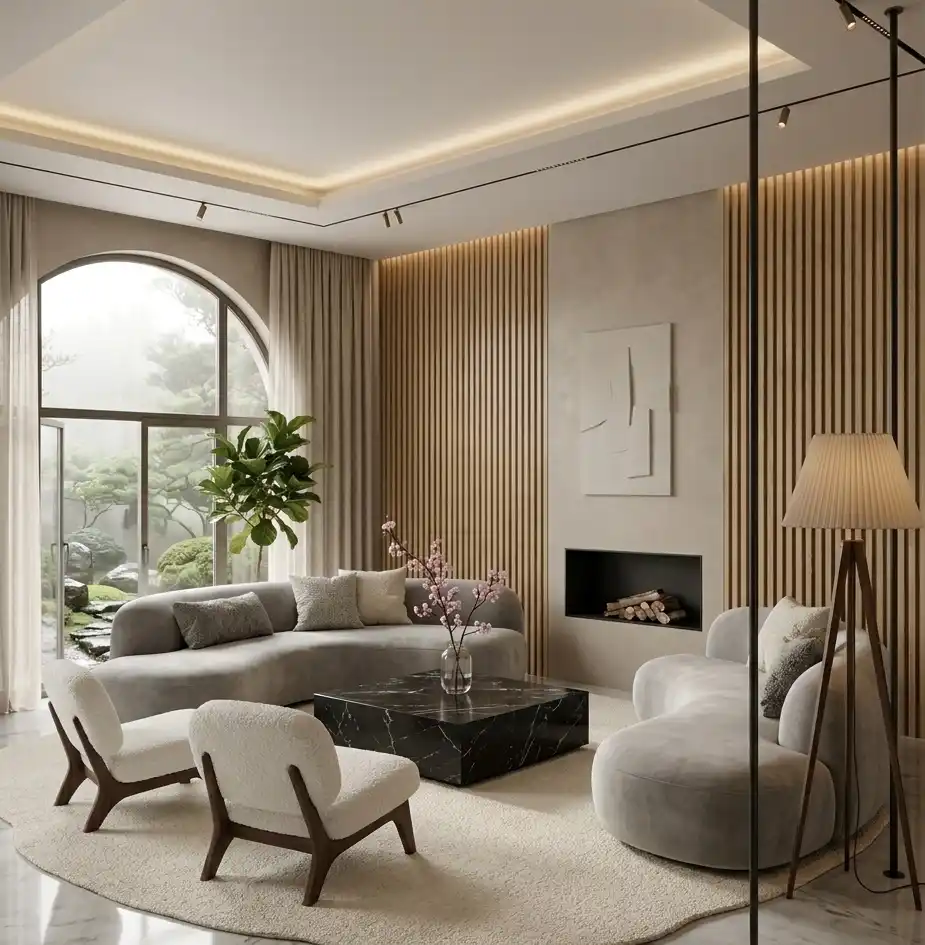 Modern Living Room Idea: The Architectural Contour - Modern Living Room Idea: The Vertical Rhythm and Wood Warmth