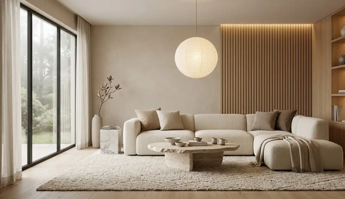 Modern Living Room Idea: The Vertical Rhythm and Wood Warmth - Modern Living Room Idea: The Sculptural Japandi Retreat