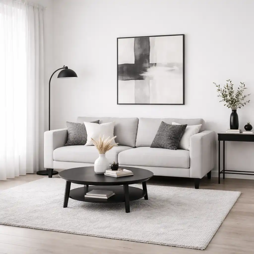 Top 10 Minimalist Living Room Ideas on a Budget (2026 Guide) - 3. Monochrome Minimalist Living Room A monochrome living room focuses on a single