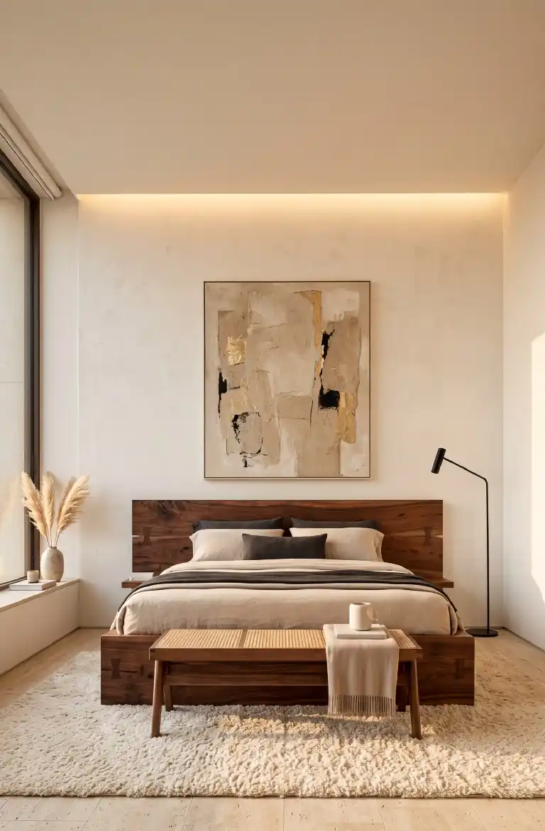 25 Best Japandi Bedroom Ideas to Transform Your Space into a Serene Sanctuary - Tectonic Warmth: The Travertine and Walnut Suite