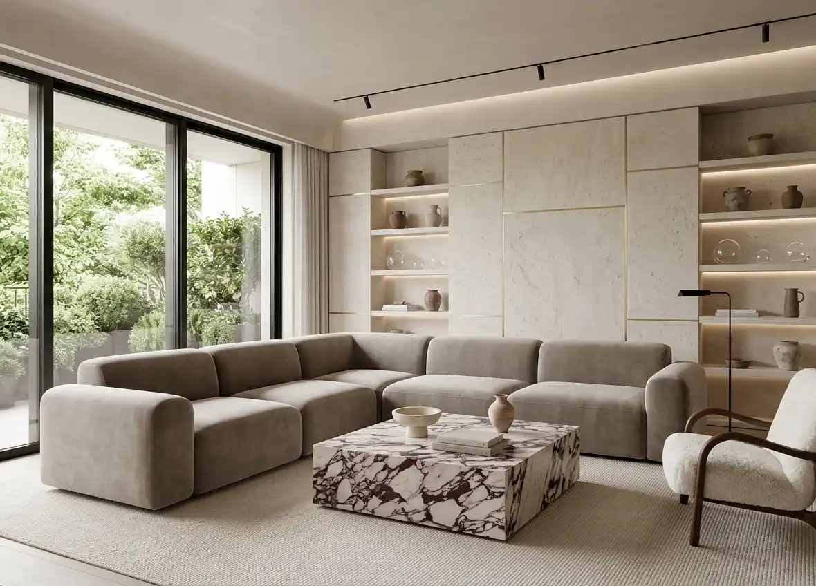 Modern Living Room Idea: The Contrast of Stone and Timber - Modern Living Room Idea: The Monochromatic Stone and Silk Lounge