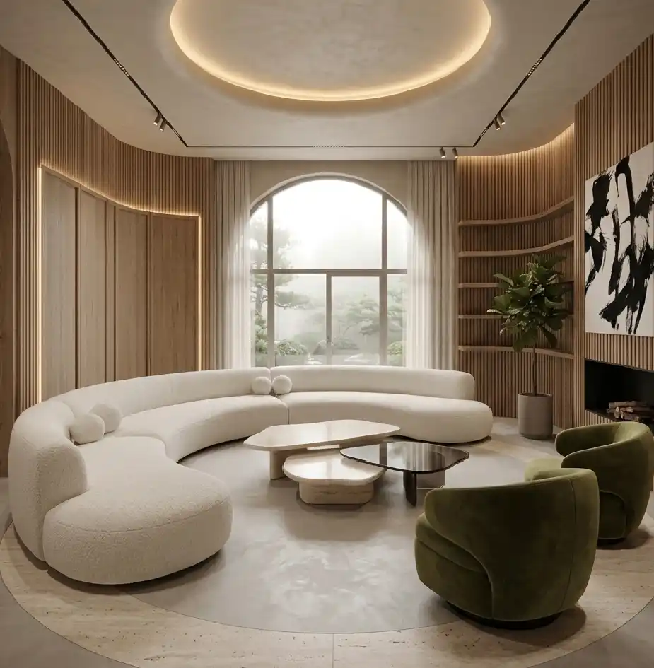 Modern Living Room Idea: The Industrial Zen Sanctuary - Modern Living Room Idea: The Curved Elegance Lounge