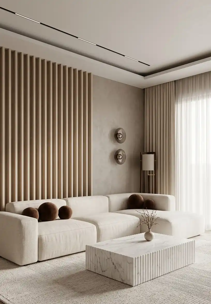 Modern Living Room Idea: The Monolithic Travertine Sanctuary - Modern Living Room Idea: The Vertical Slat and Terracotta Tonalities