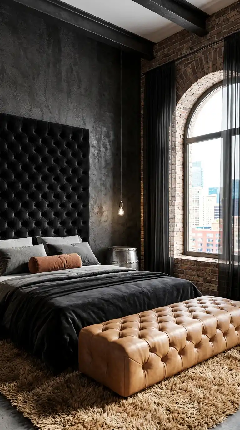 23. The Moody Velvet Sanctuary: Industrial Bedroom Idea
