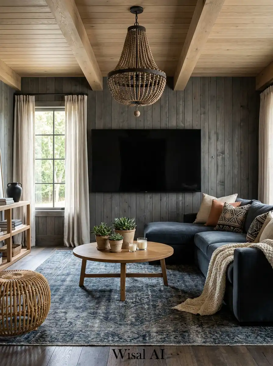 Bold Rustic-Industrial Harmony: Black and Wood Living Room Idea