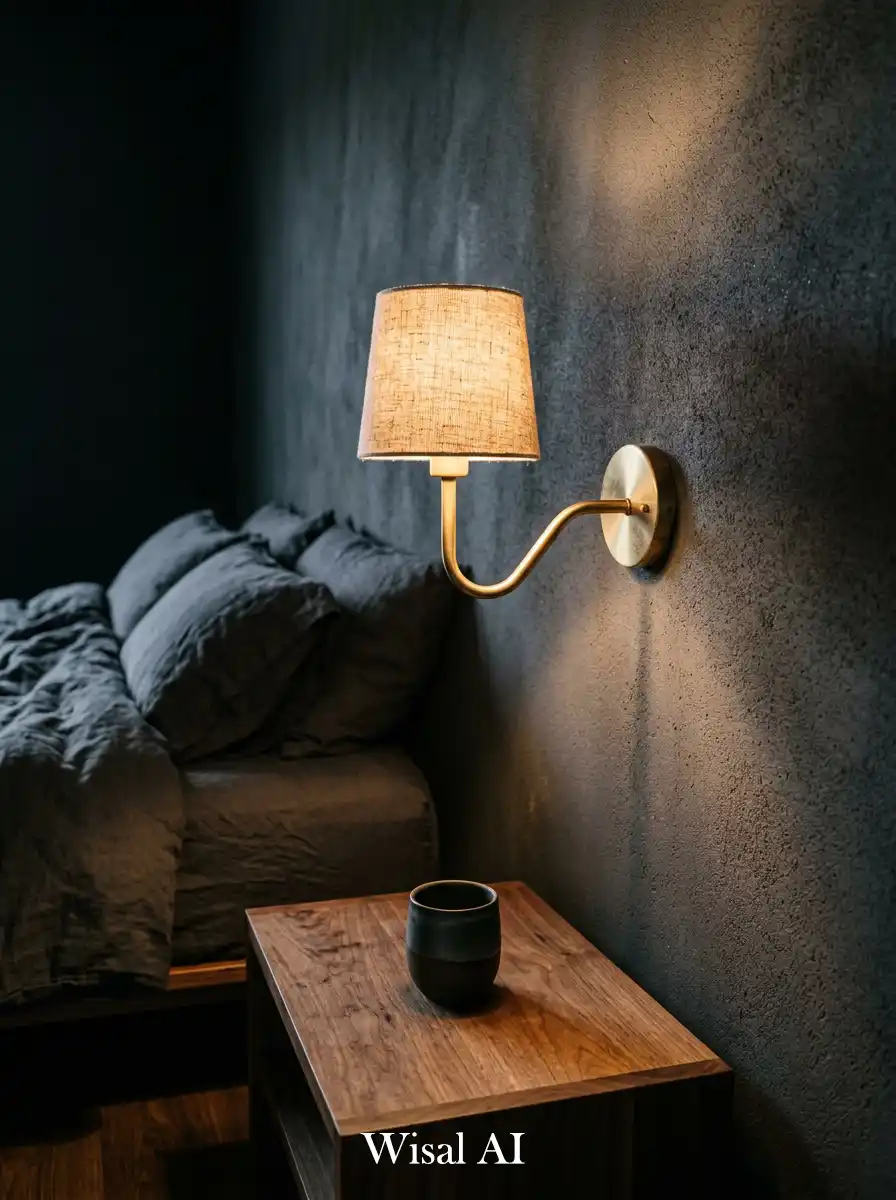 12. Brass Sconces in a Dark Japandi Bedroom  Warm Metal on Dark Walls