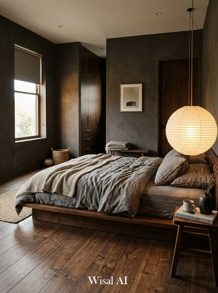 1. Charcoal Dark Japandi Bedroom With a Low Walnut Platform Bed