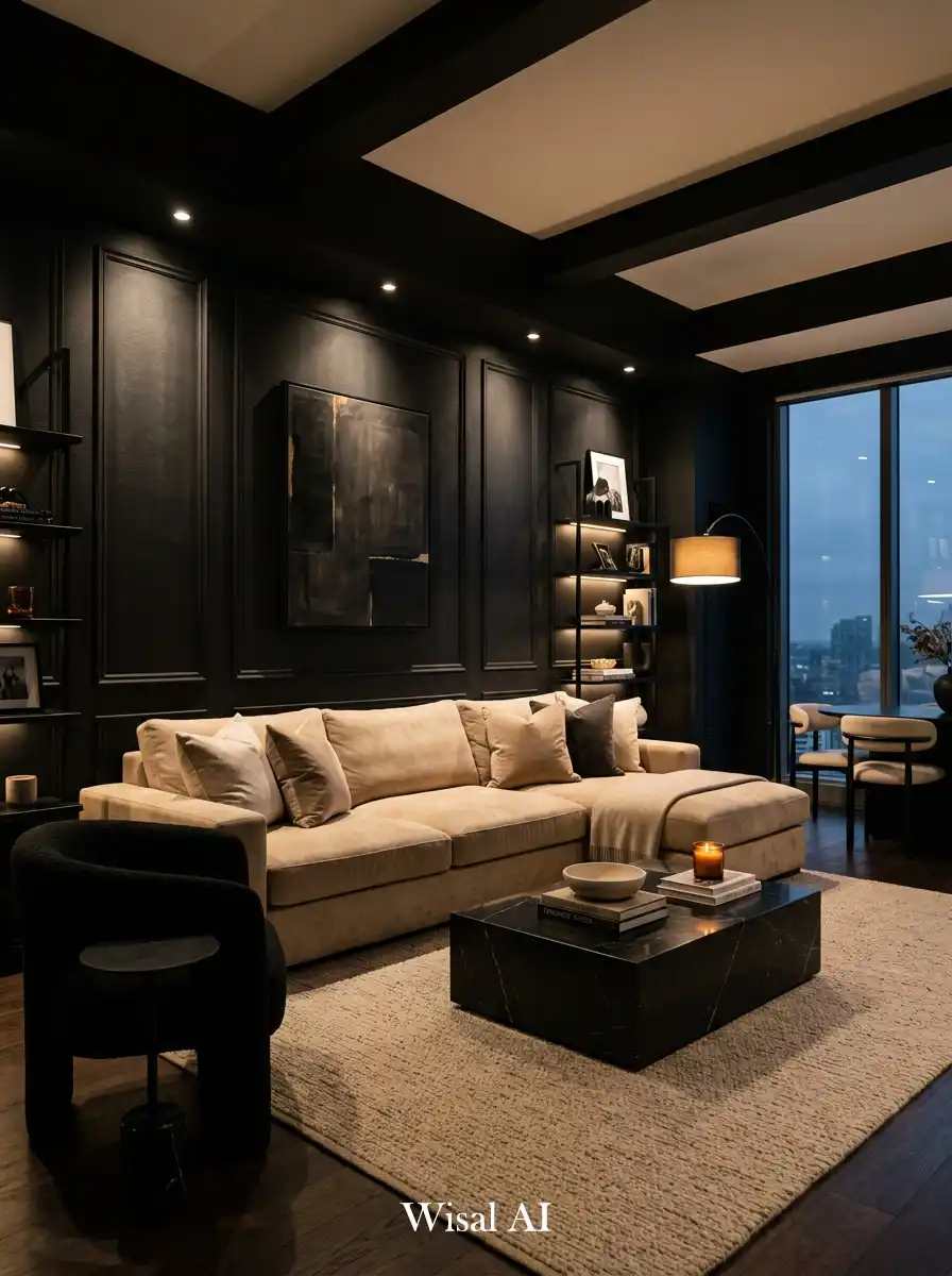 23. Cinematic Black & Beige Contrast Living Room