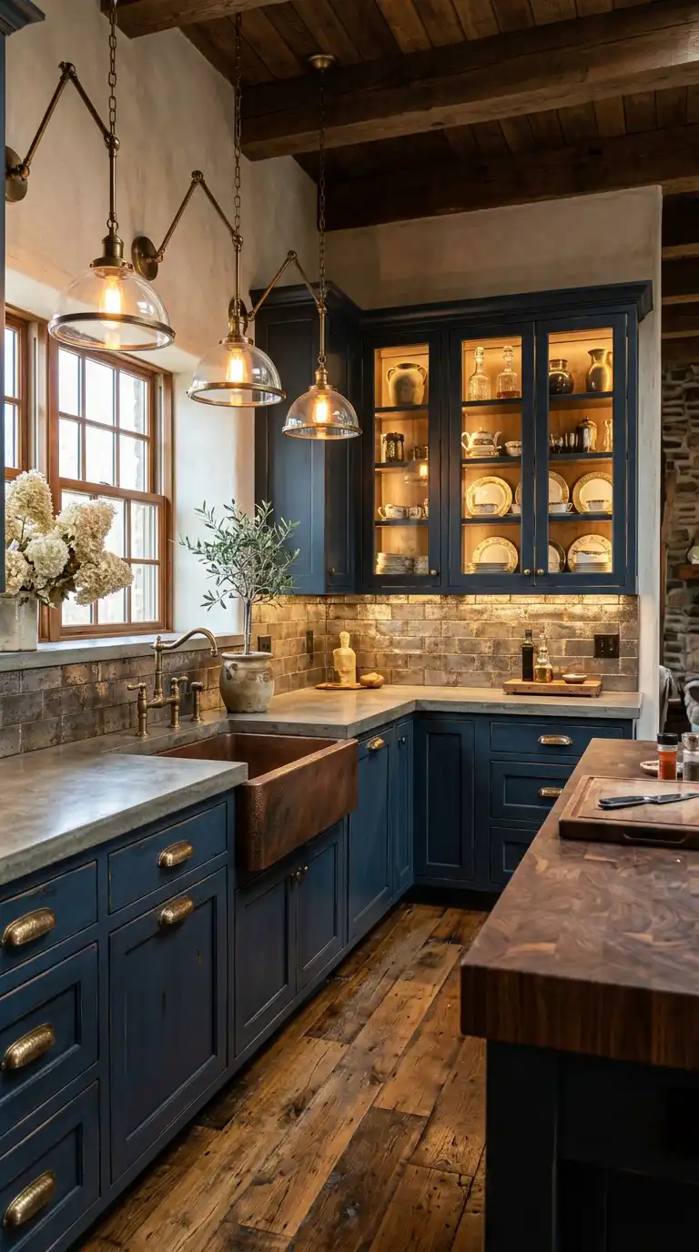 2. Copper and Inky Blue Luxury Rustic Kitchen Idea
