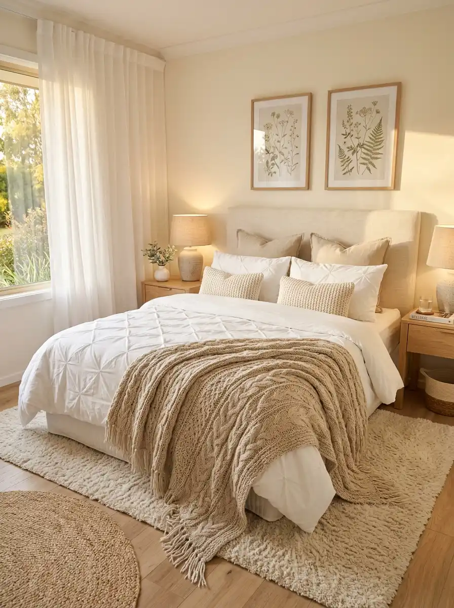 11.Cozy Bedroom Idea :The Monochromatic Haven of Knits