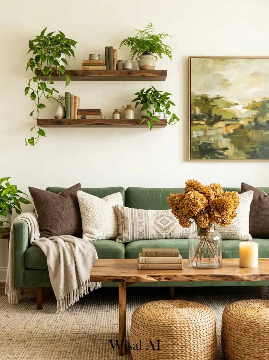 21.A Cozy Sage Green Living Room Idea Embracing Botanical Elegance