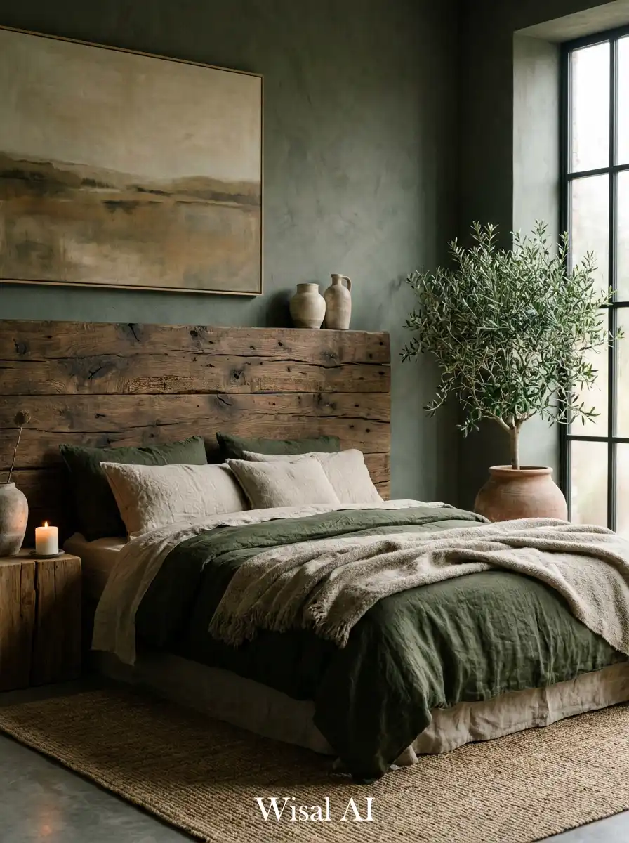 Dark Olive Bedroom Idea: Rugged Wood and Stone-Washed Linen
