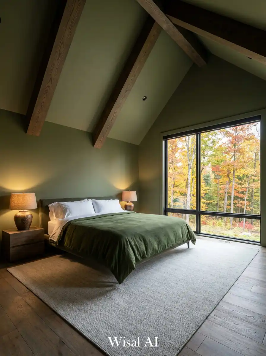 Dark Olive Bedroom Idea: Vaulted Beams and Panoramic Views