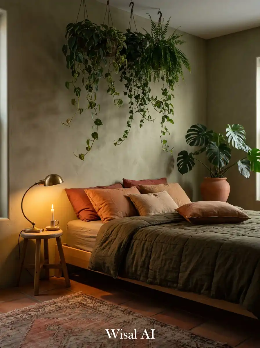 Dark Olive Bedroom Idea: Warm Clay Tones and Tropical Leaves