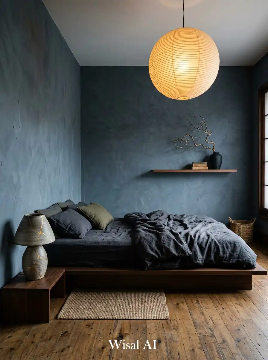 4. Deep Slate Dark Japandi Bedroom With Wabi-Sabi Objects