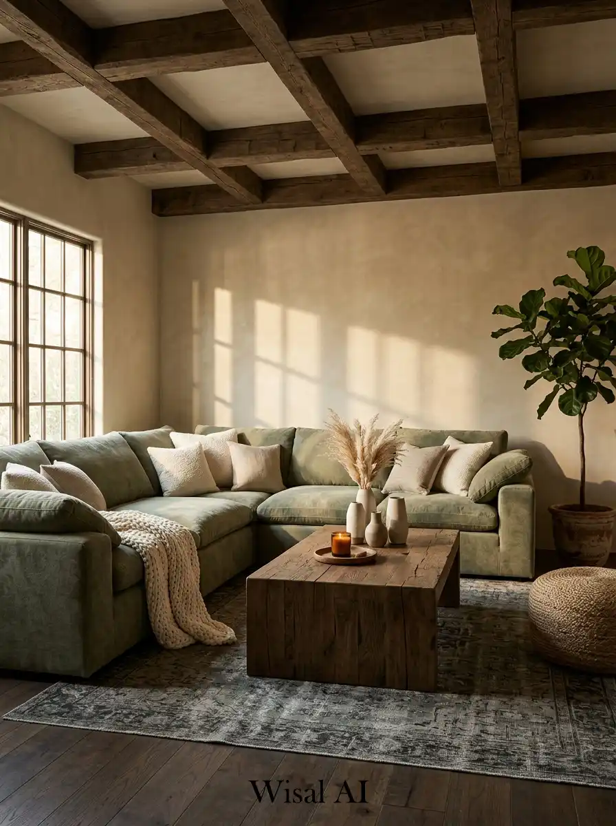 20.Earthy Warmth & Textured Serenity: A Cozy Sage Green Living Room Idea