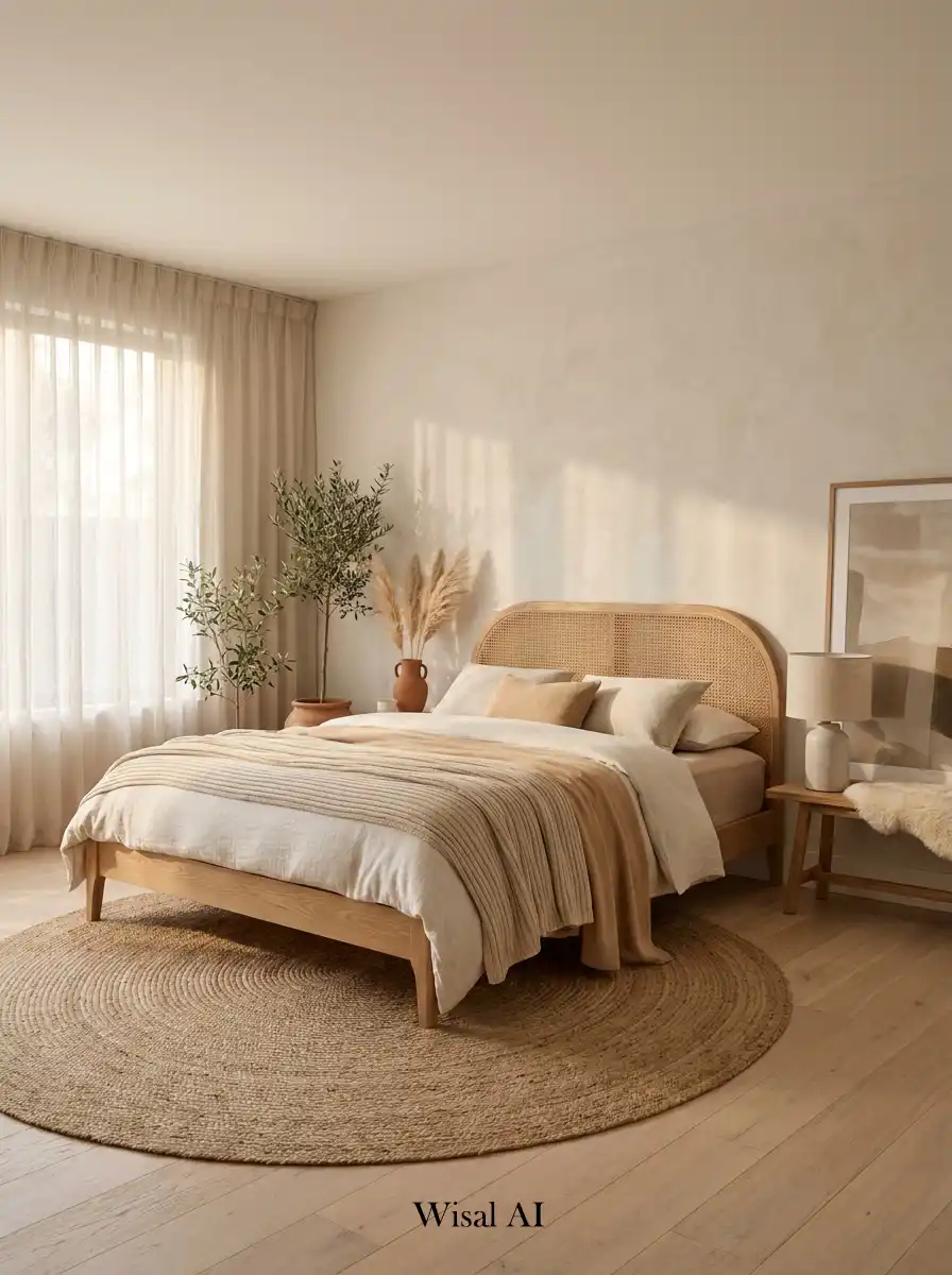 15.Elegant BOHO Bedroom Idea: Minimalist Cane Elegance