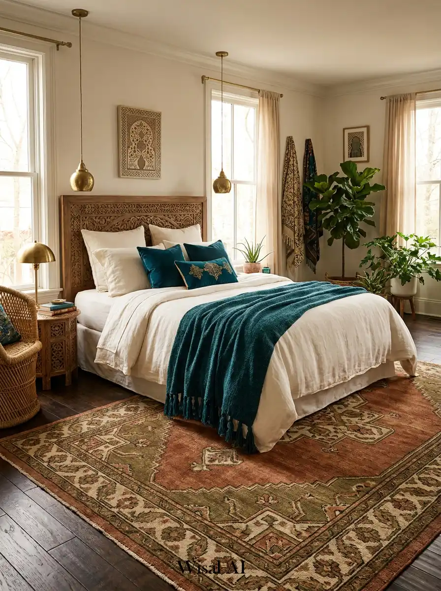 5.Elegant BOHO Bedroom Idea: Moroccan Teal Accents
