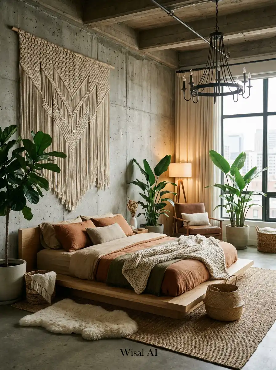 13.Elegant BOHO Bedroom Idea: The Industrial Concrete & Macramé Loft