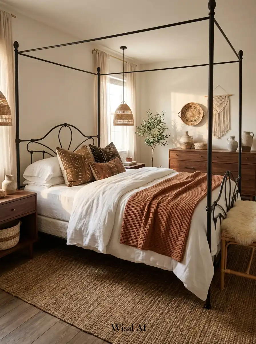 16.Elegant BOHO Bedroom Idea: The Rustic Iron & Walnut Retreat