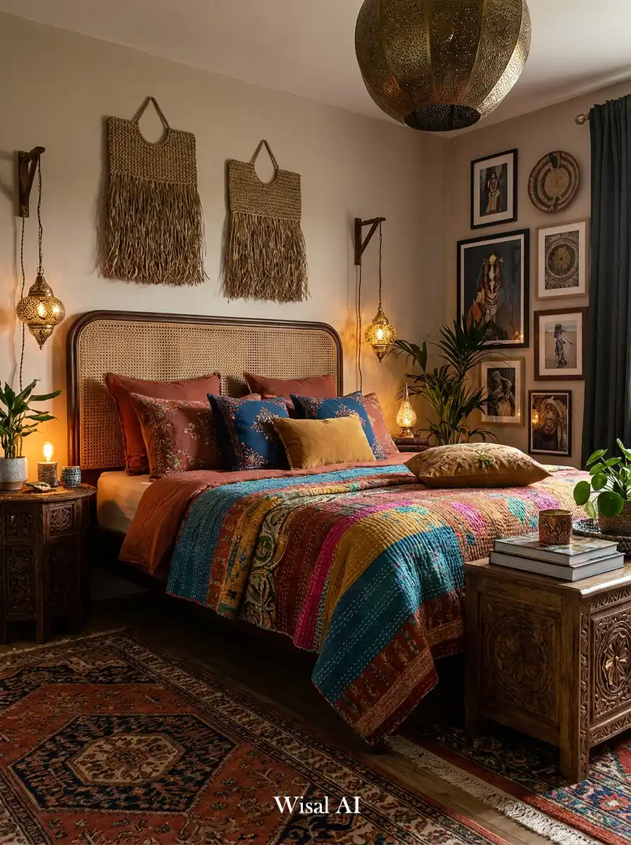 22.Elegant BOHO Bedroom Idea: The Vibrant Global Artisan Room