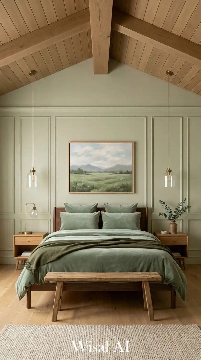 25.High Ceilings and Simple Sophistication: A Grand Sage Green Bedroom Idea