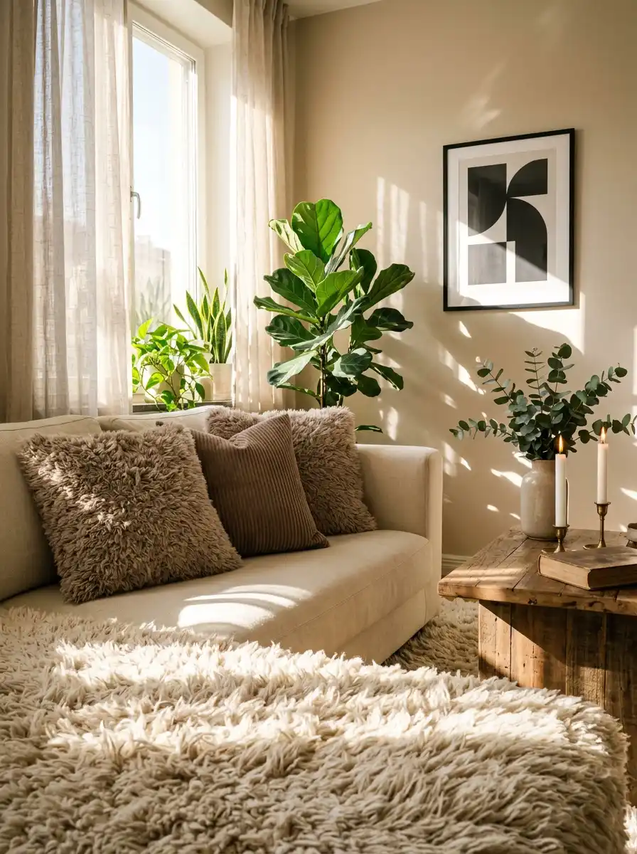 18. Sun-Drenched Shaggy Retreat Cozy Living Room Idea