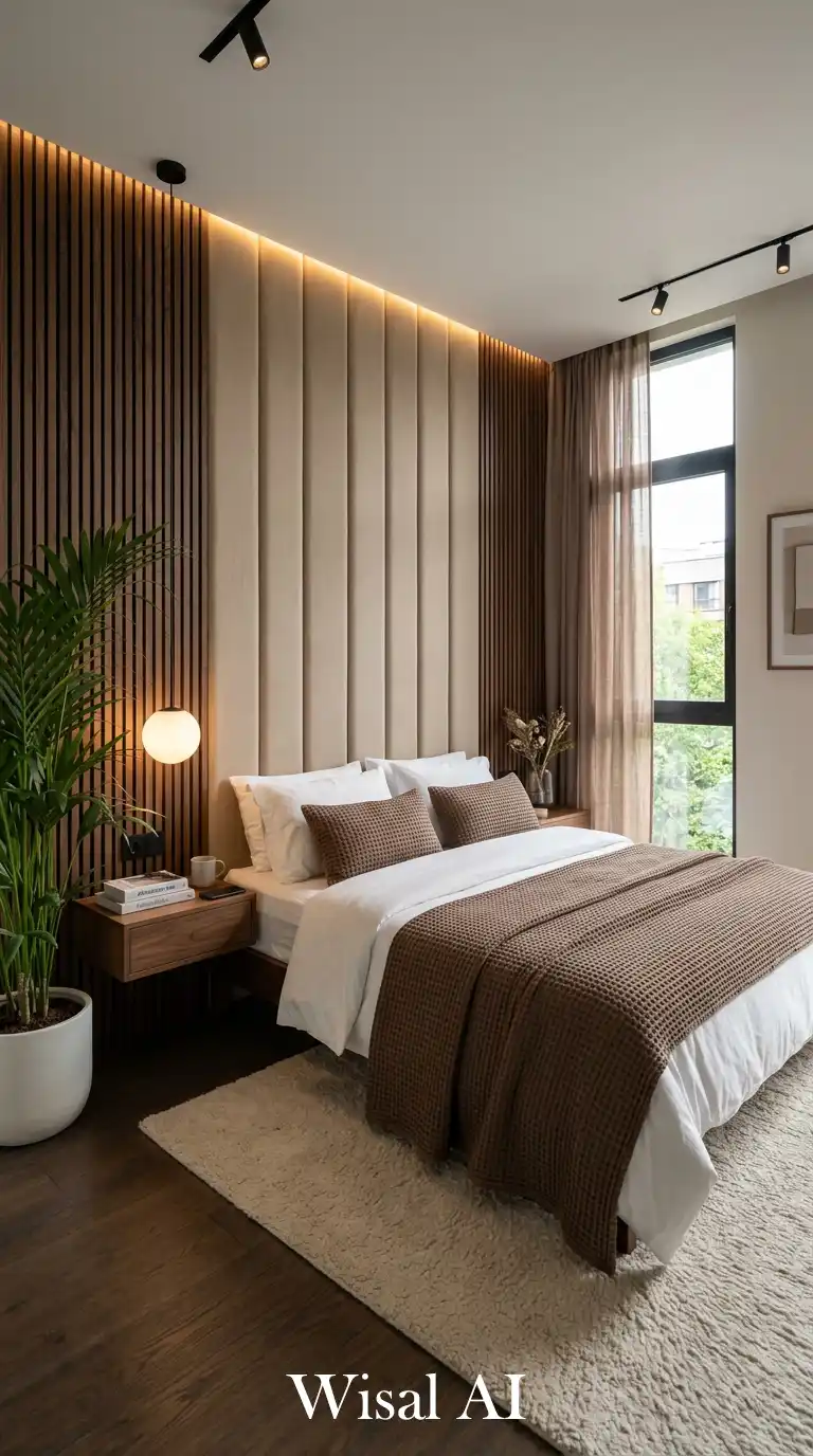 A Quiet Modern Bedroom with Vertical Accents